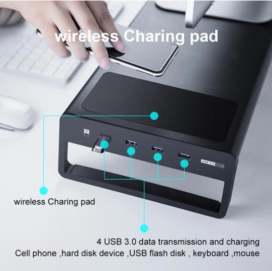 BRU MONITOR STAND W 4 USB AND WIRELESS CHARGING-BRU-BRU GADGET,MONITOR STAND,USB